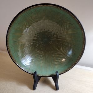 Studio Art pottery Green Glazed Radiant Textured Black Matte Base.